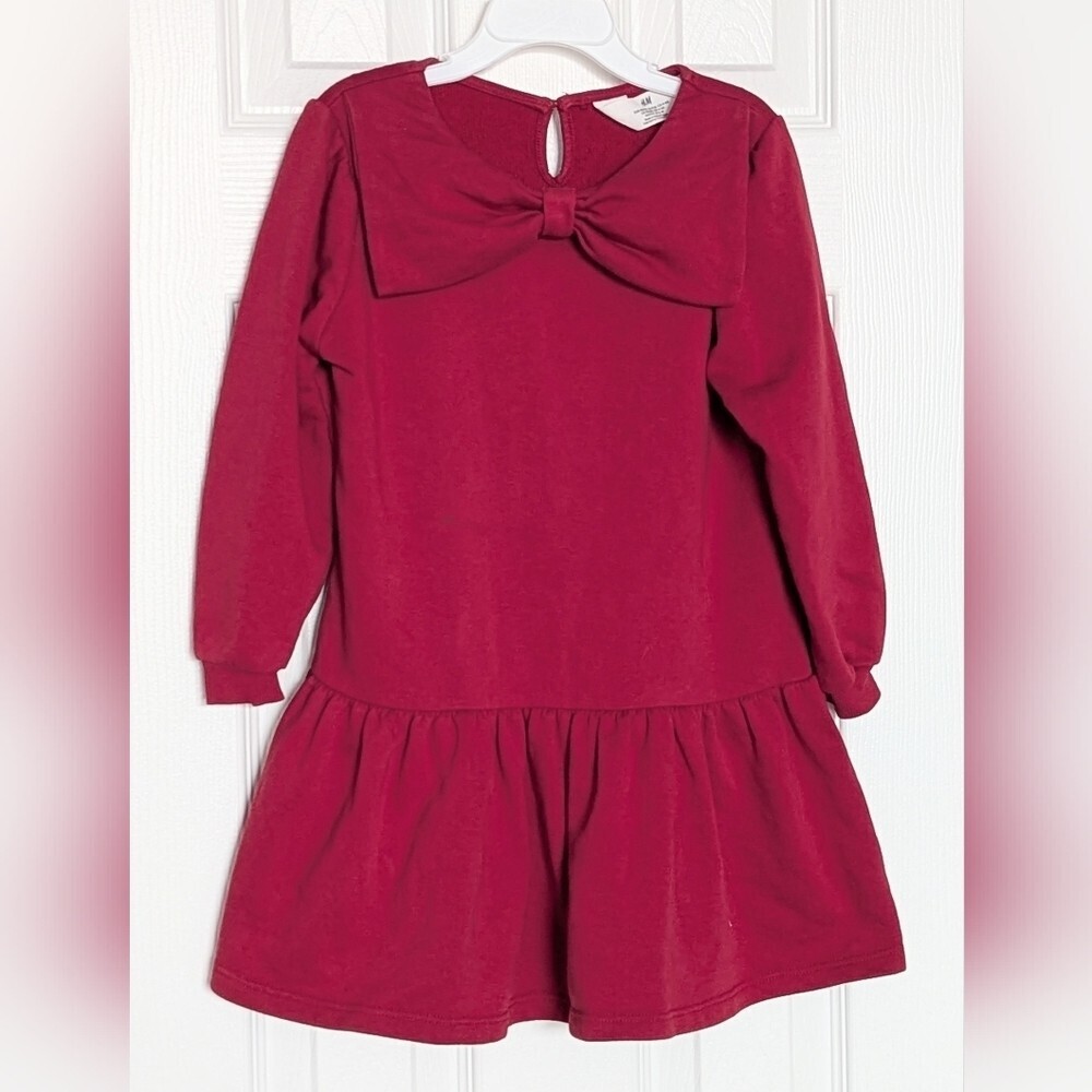 H&M Girls' (Size 4-6) Dark Red Ruffled Hem Sweatshirt Dress w/Large Bow Accent